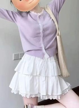 紫色蕾丝拼接针织衫+半身裙女2025春秋季新款高级感巨好看的套装