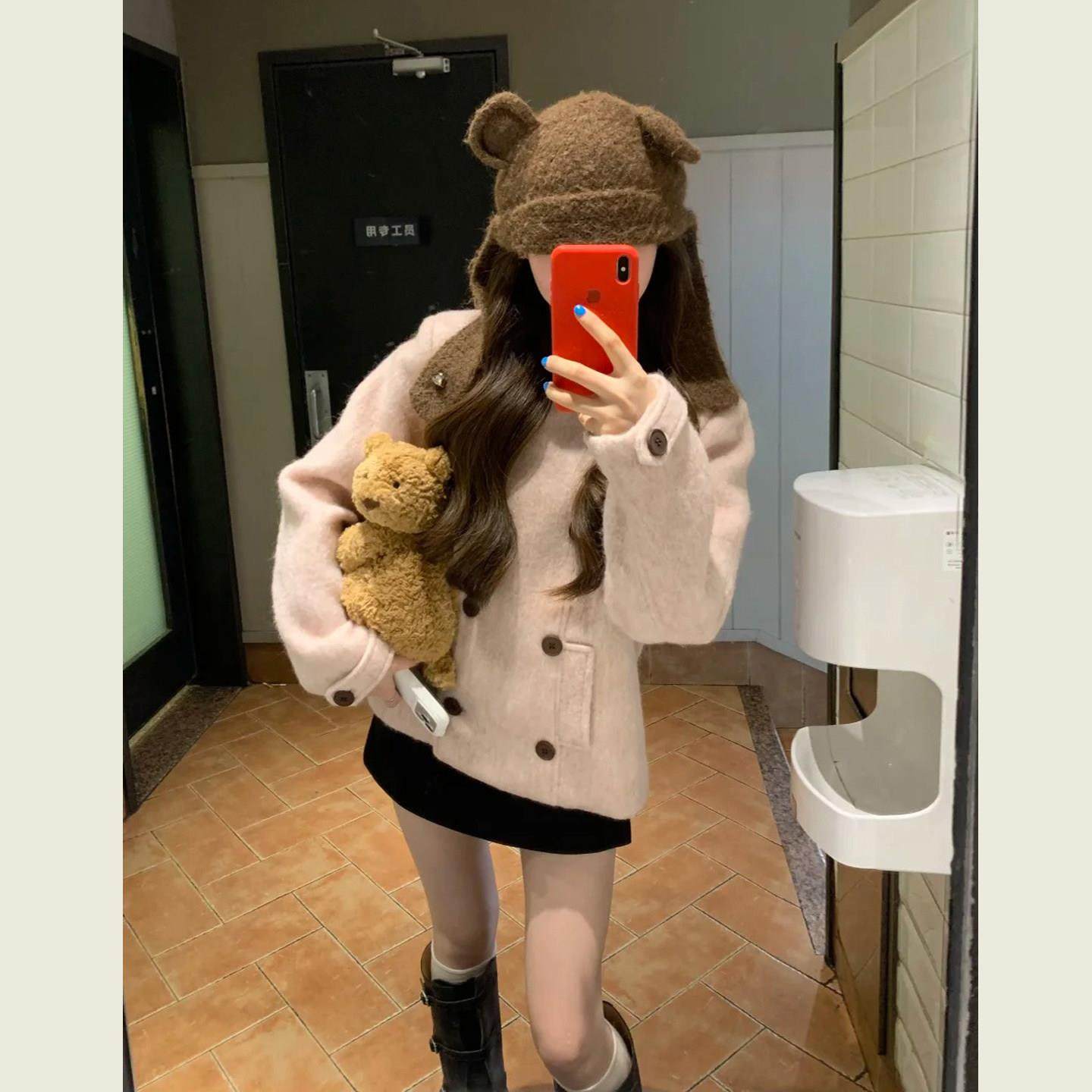 韩系粉色双排扣翻领毛呢外套女秋冬季通勤气质短款小香风呢子上衣,运动/瑜伽/健身/球迷用品,广场舞套装,淘宝优惠券,粉丝福利购,淘宝优惠卷