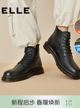 百丽男鞋冬季款真皮马丁靴男厚底增高黑色加绒保暖短靴子92267DD0