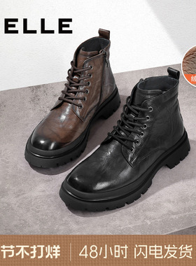 百丽男鞋厚底增高真皮马丁靴冬季款加绒保暖英伦风短靴子8CQ01DD3