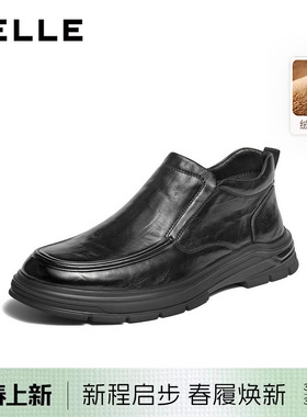 百丽男士高帮休闲商务皮鞋春季新款牛皮厚底增高全黑公务鞋8VY02D