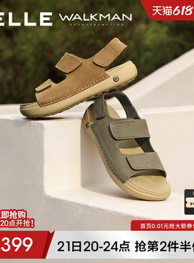 百丽舒适透气休闲凉鞋男26新夏季牛皮革魔术贴厚底沙滩鞋8WK05BL6
