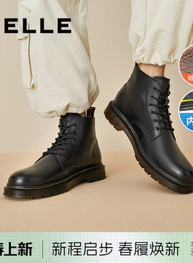 百丽男鞋冬季款真皮马丁靴男厚底增高黑色加绒保暖短靴子92267DD0