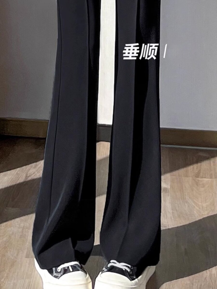 黑色冰丝微微喇叭的女士西装裤夏季薄韩式高腰宽松修身裤为小个子
