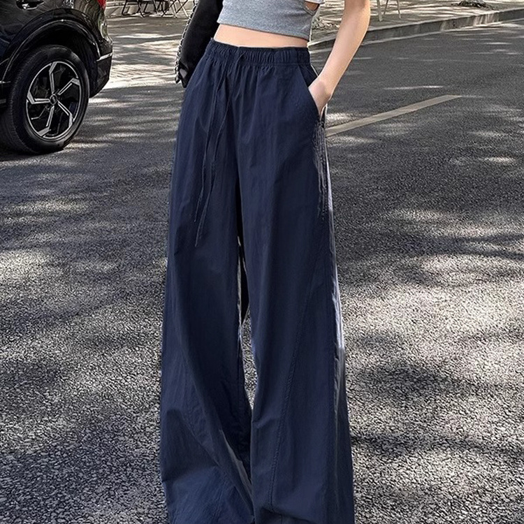 藏青色冰丝阔腿工装裤女款2025新款夏季薄款宽松高腰休闲直筒裤子