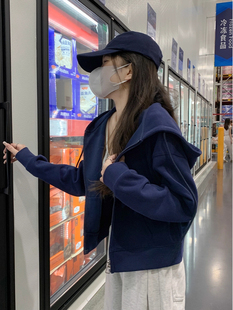 开衫连帽卫衣女款2025秋季新款小个子藏青色爆款短款厚外套上衣潮