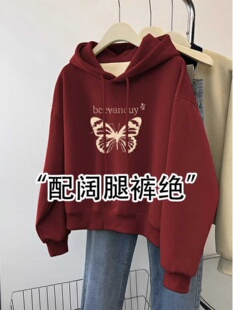 安可拉红连帽卫衣秋装女款2025年新款慵懒风印花宽松短款外套上衣