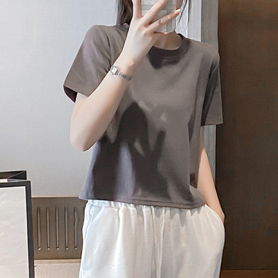 纯棉短袖T恤女2024夏季新款纯色宽松小个子短款正肩半袖体恤上衣