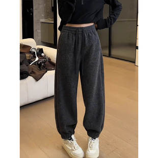 小个子老爹裤 深灰色加绒束脚裤 哈伦裤 大码 女秋冬加厚高腰显瘦卫裤