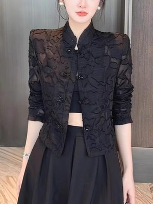 黑色小香风外套女士夏装洋气设计感小众修身显瘦短款防晒开衫上衣