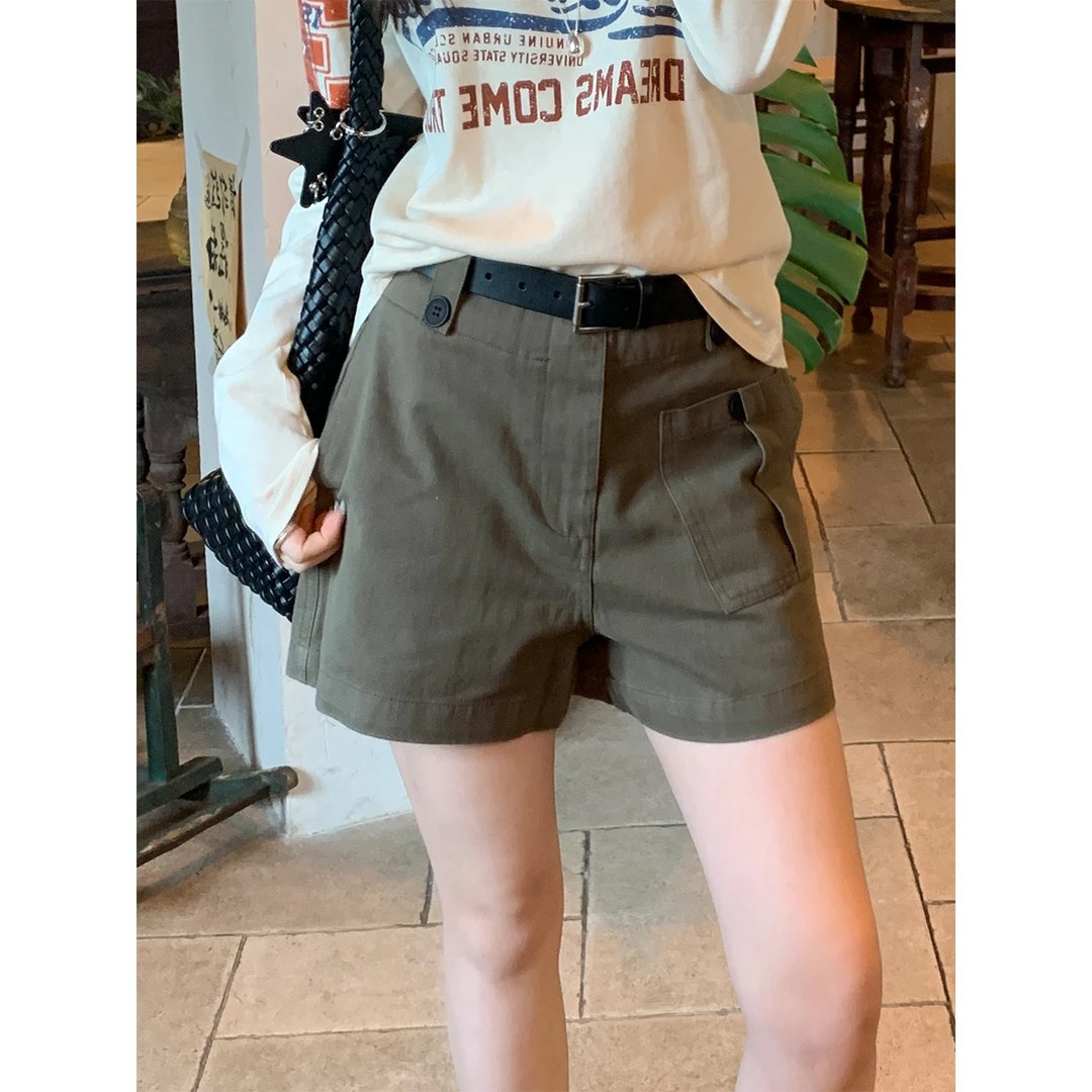 ZNAML美式复古斜纹棉翻盖口袋高腰显瘦直筒休闲工装阔腿短裤女夏