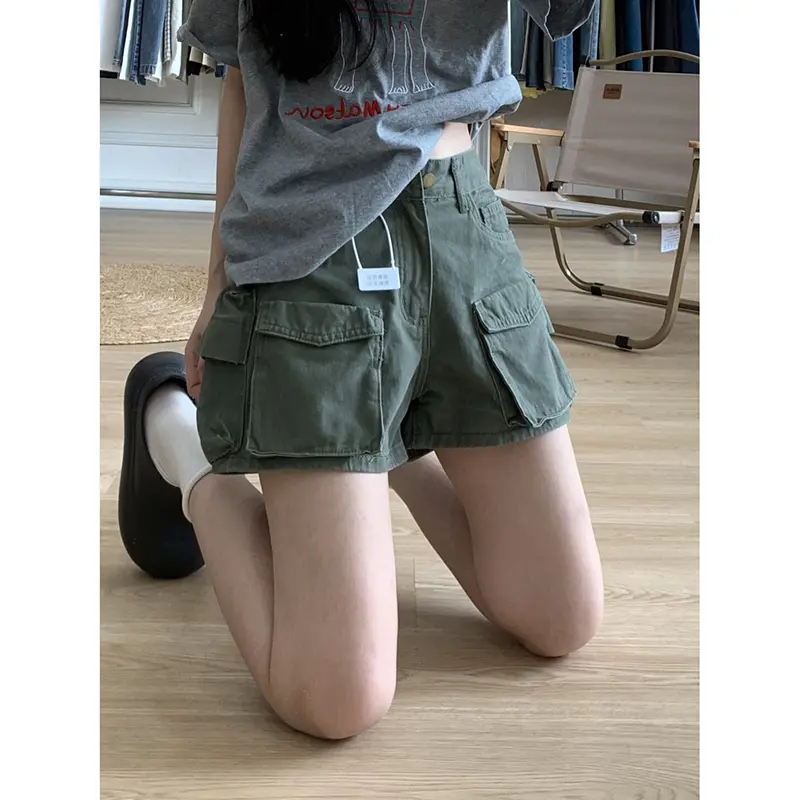 美式复古军绿色工装牛仔短裤女夏