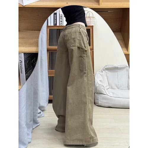 美式复古卡其色工装牛仔裤女春秋
