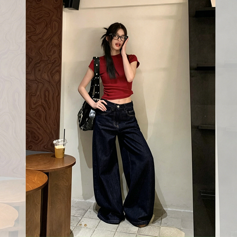 深蓝色阔腿牛仔裤女春夏宽松直筒图片