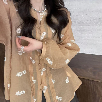 韩系穿搭刺绣碎花长袖衬衫春夏季