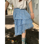 复古蓝色碎花不规则半身裙女夏季 韩系穿搭高腰显瘦小个子A字短裙