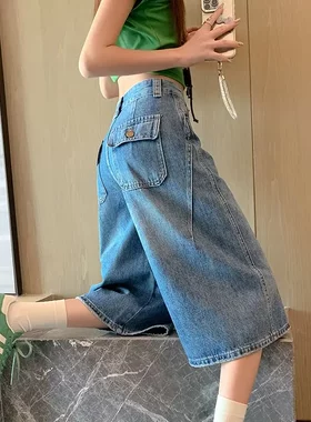 美式复古六分弯刀牛仔短裤宽松女