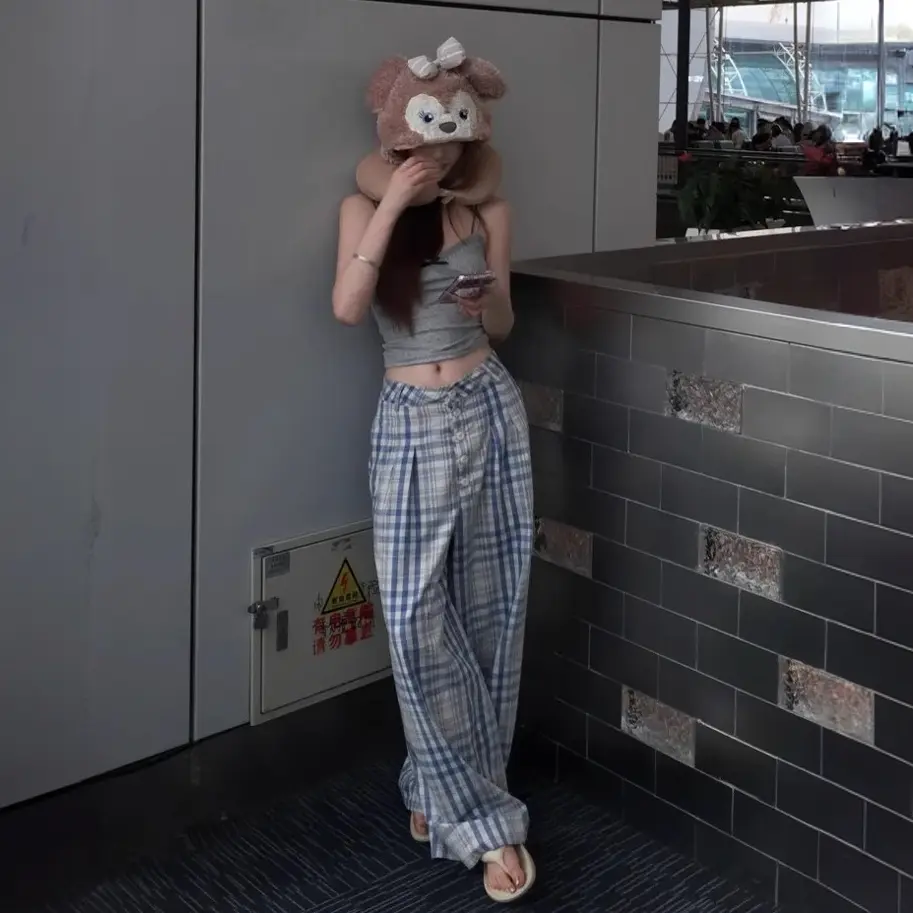 复古加长高个子蓝格子休闲阔腿裤图片