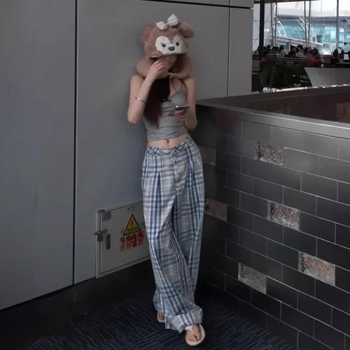 复古加长高个子蓝格子休闲阔腿裤