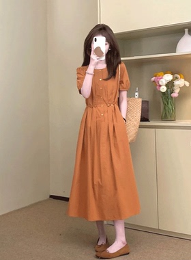 高级感法式橘色短袖连衣裙女夏季修身显瘦中长款休闲百搭气质裙子