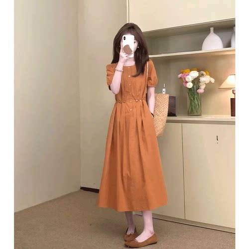 高级感法式橘色短袖连衣裙修身显