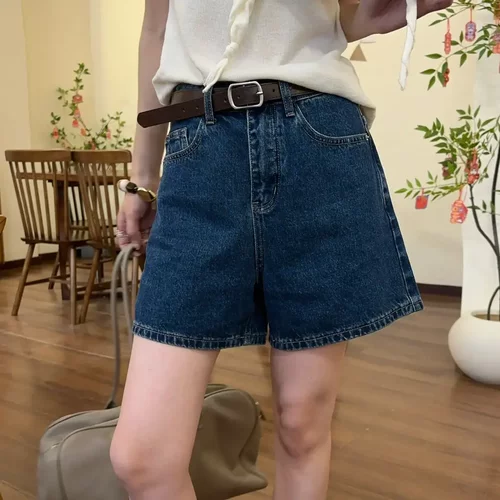 复古深蓝色牛仔短裤宽松显瘦休闲