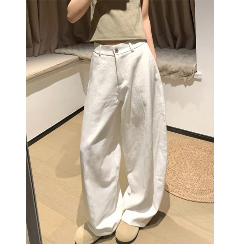 亚麻白色弯刀裤女夏薄款宽松直筒