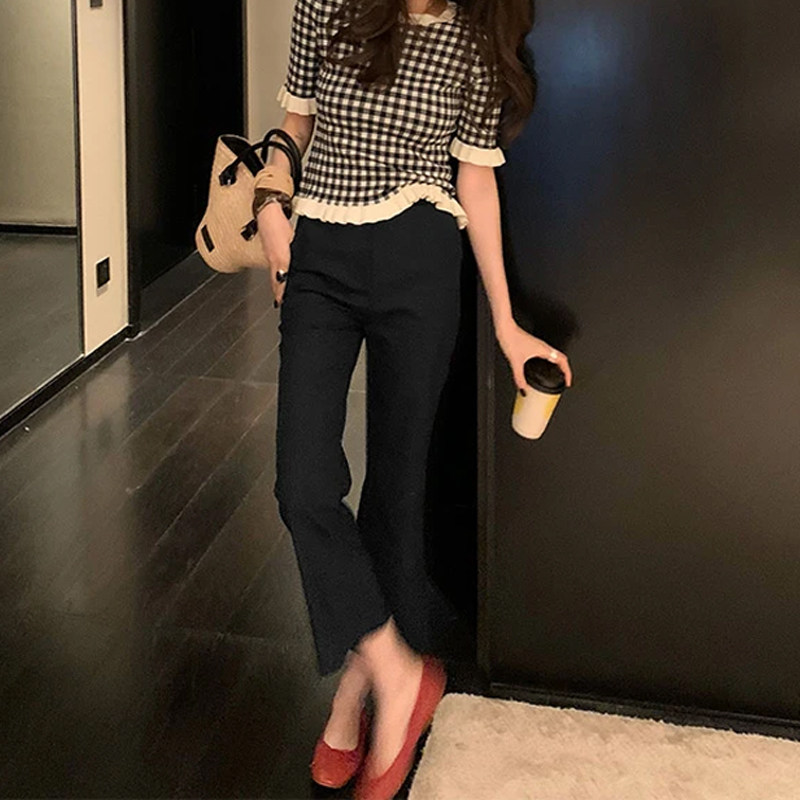 黑色亚麻微喇叭阔腿裤子女春夏2025新款高腰显瘦垂坠感松弛九分裤