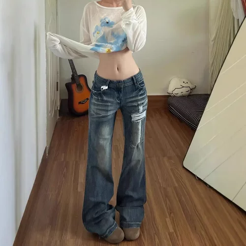 复古十字架破洞牛仔裤女夏设计感