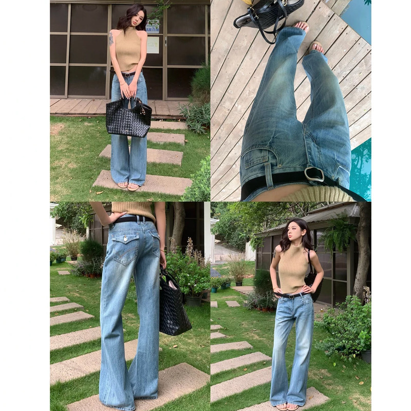 复古微喇牛仔裤高腰显瘦直筒裤子图片