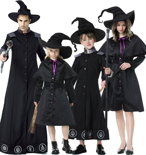 Хэллоуинский взрыв карнавал Взрослые дети, мужская и женщина классическая волшебная волшебница, ведьма, хорошая одежда ведьмы