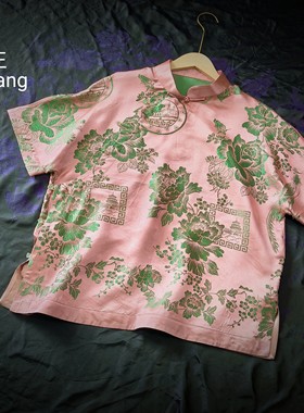 妍驎王原创设计新中式国风时尚衬衫 老软缎提花上衣百搭短袖上衣