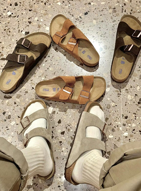 Coburg Gotha情侣款双排扣软木拖鞋男女同款真皮勃肯软底一字凉拖