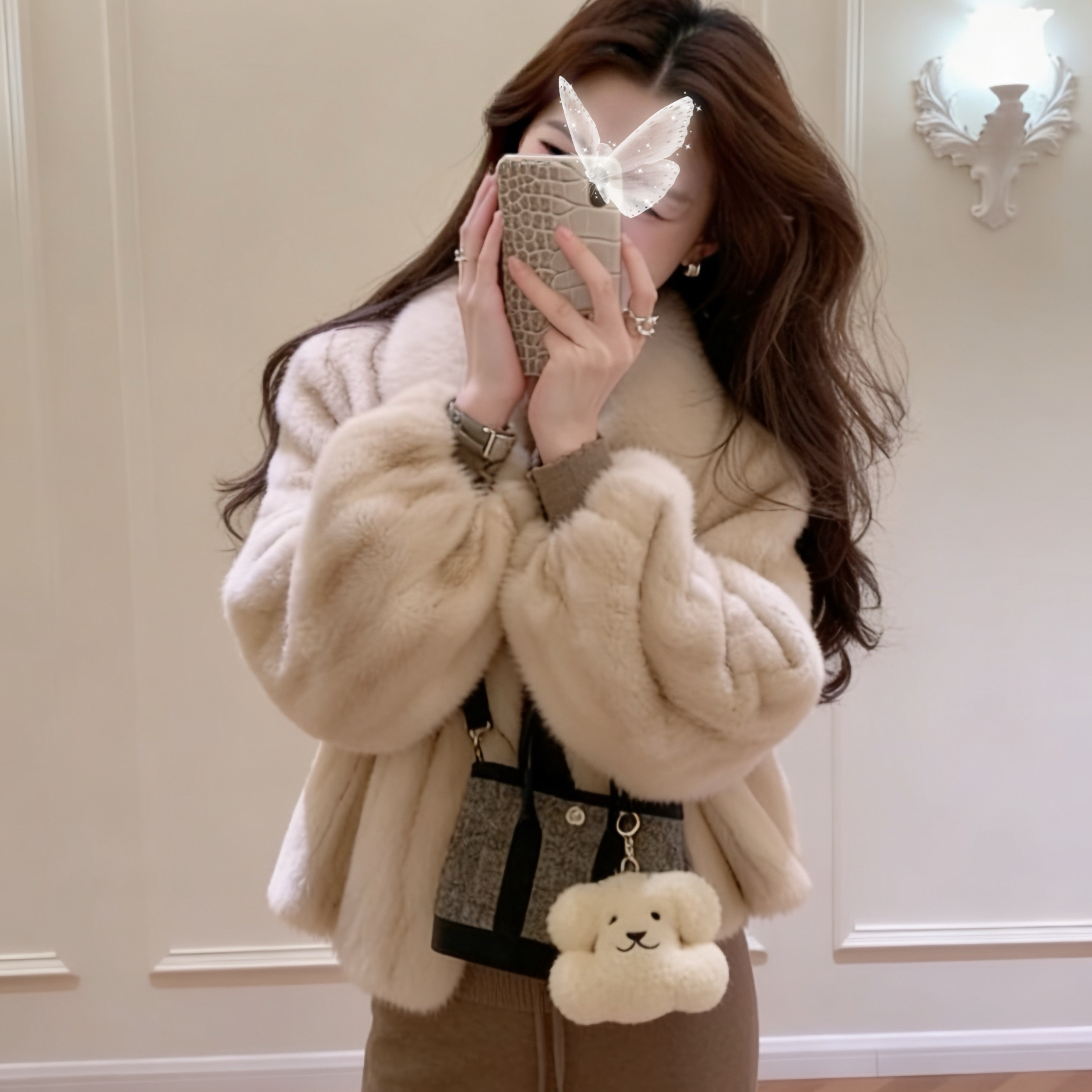 韩系千金感仿水貂环保皮草外套女小个子宽松保暖短款温柔的风上衣