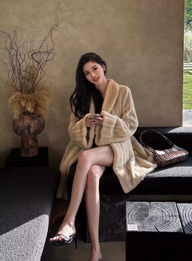 冬日序曲仿水貂毛皮草外套女秋冬新款挽袖宽松保暖中长款毛毛大衣