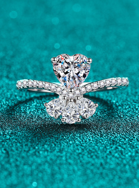 s925银镀18K金莫桑石戒指镀PT950 铂金爱心捧花女戒优雅礼物女友