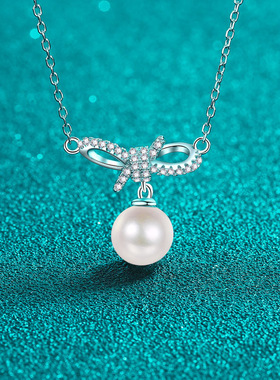 s925银镀18K金莫桑钻珍珠项链蝴蝶结吊坠可爱女锁骨链镀PT950铂金