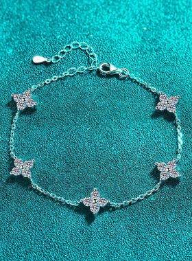 S925纯银镀18K金手链莫桑石手镯冷淡风时尚六芒星手链镀PT950铂金