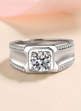 s925银镀18K金霸气大男戒指莫桑石指环镀pt950铂金送男友高端礼物