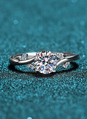 S925银莫桑石镀PT950铂金叶子四爪戒1克拉镀18K金戒指情人节礼物