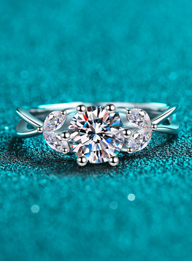 s925银镀18K金戒指女镀pt950铂金莫桑石介子结婚指环小众轻奢礼品