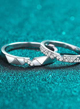 s925银镀18K金情侣戒指莫桑石简约指环镀pt950铂金结婚介子时尚款