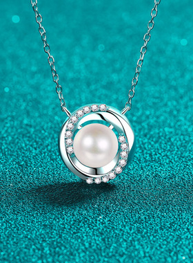 s925银镀18K金莫桑钻珍珠项链旋风吊坠轻奢小众锁骨链镀PT950铂金