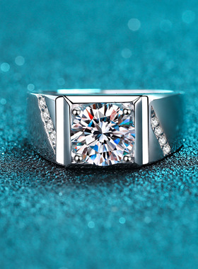 s925银镀18K金情侣男戒指莫桑石大男戒子镀pt950铂金高端时尚饰品