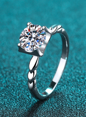 s925银镀18K金戒指女莫桑石结婚指环镀pt950铂金牛头介子轻奢时尚