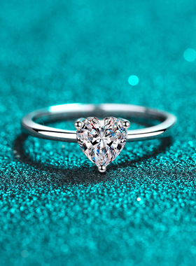 s925银镀18K金戒指女心形莫桑石简约指环镀pt950铂金介子轻奢风