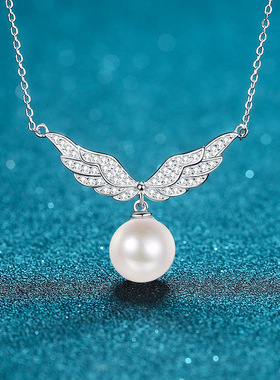 s925银镀18K金锁骨链女镀pt950铂金10mm珍珠天使翅膀莫桑石项链