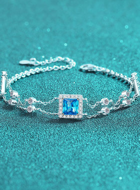 S925纯银镀18K金手工镶嵌莫桑钻手链宝蓝色彩宝简约镀PT950 铂金