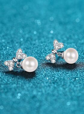 s925银镀18K金耳环心形蝴蝶结6mm镀PT950铂金珍珠30分莫桑钻耳钉