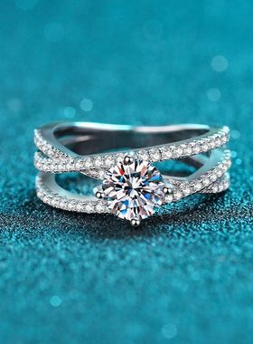 s925银镀18K金女戒轻奢镀PT950铂金镂空三生三世1克拉莫桑戒指